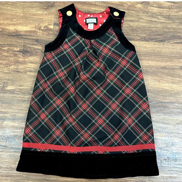 Children's Place Tartan Plaid Dress Pinafore Velvet Girl 3T Black Red Christmas - Picture 2 of 8